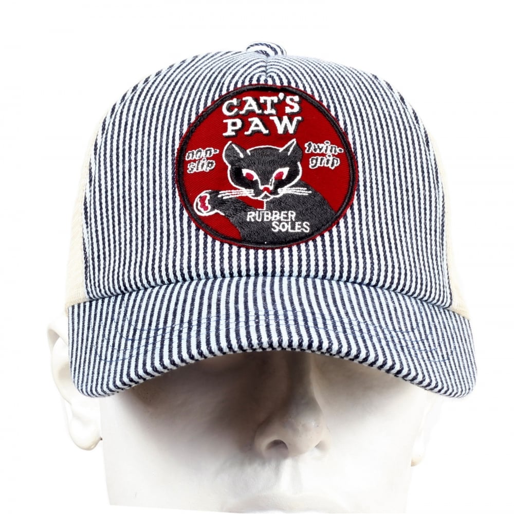 Mens CP02328 Hickory Narrow Striped Truckers Cap with Off White Mesh Back