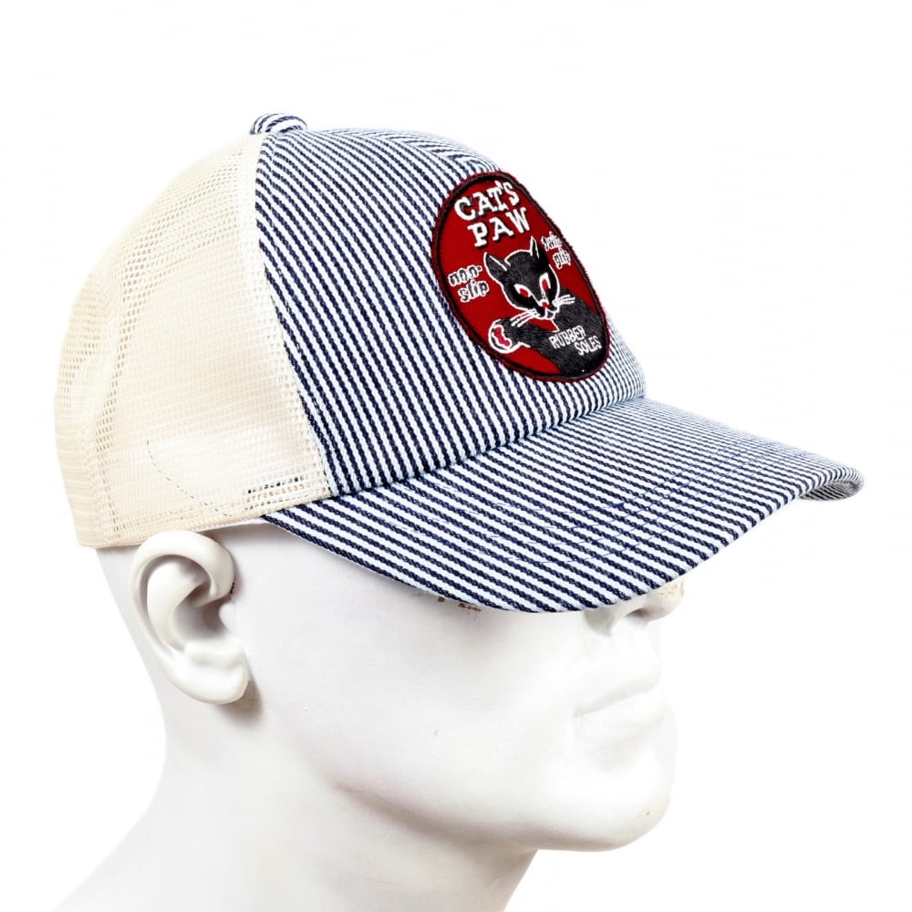Mens CP02328 Hickory Narrow Striped Truckers Cap with Off White Mesh Back