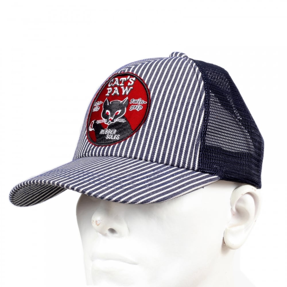 Mens CP02328 Hickory Wide Striped Truckers Cap with Navy Mesh Back