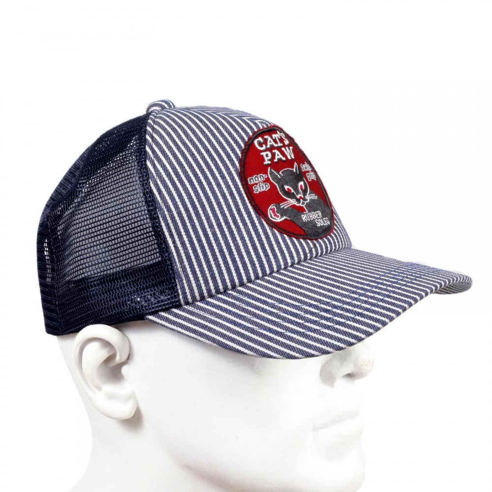 Mens CP02328 Hickory Wide Striped Truckers Cap with Navy Mesh Back