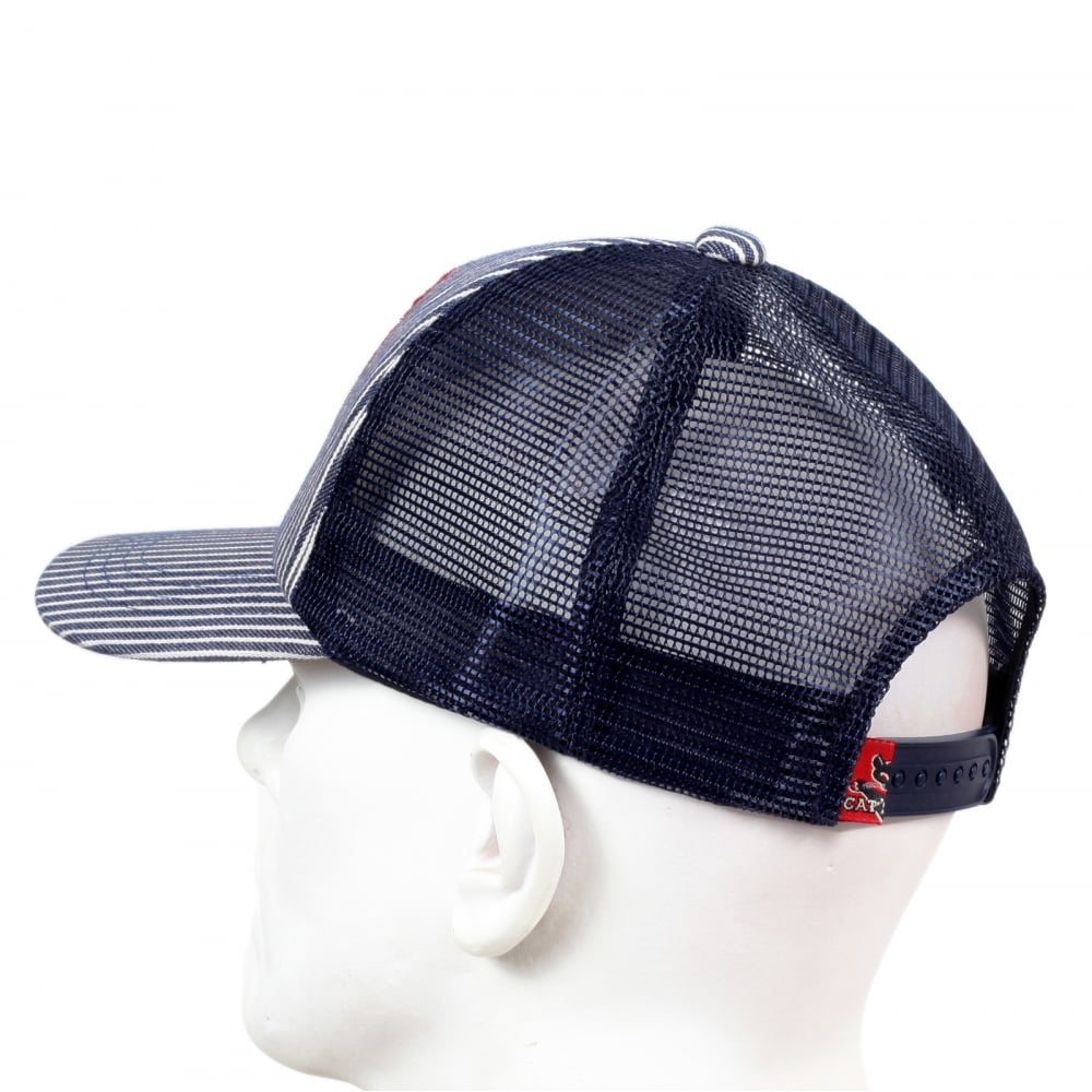 Mens CP02328 Hickory Wide Striped Truckers Cap with Navy Mesh Back
