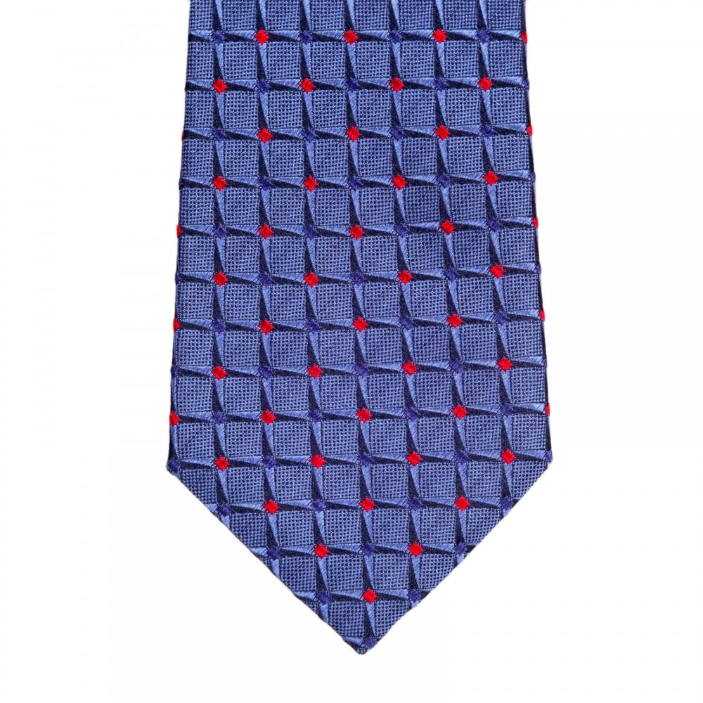 Woven Silk Tie with Blue Squared Pattern and Red Diamonds