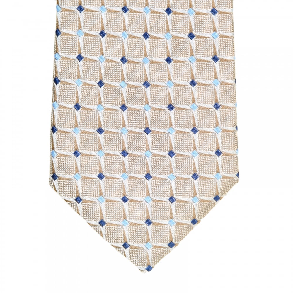Woven Silk Tie with Flax Beige Squares and Navy and Sky Blue Diamonds