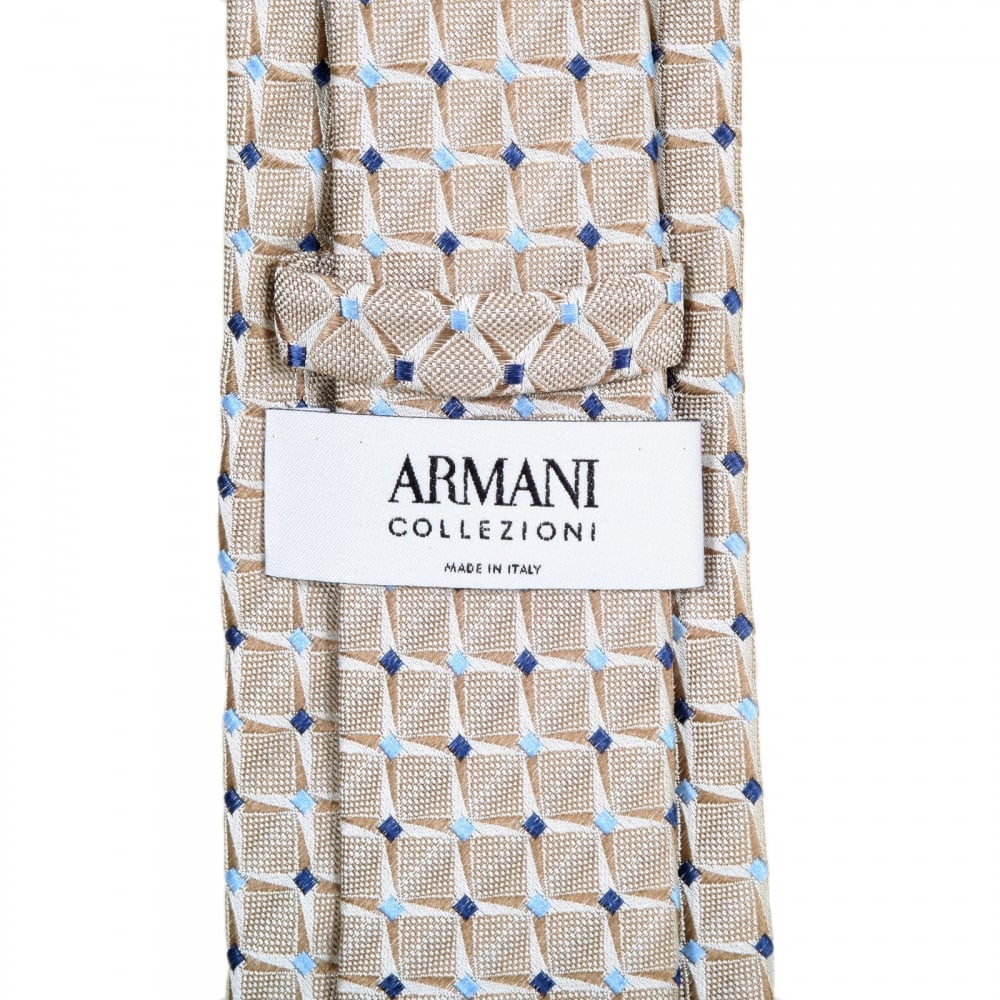 Woven Silk Tie with Flax Beige Squares and Navy and Sky Blue Diamonds