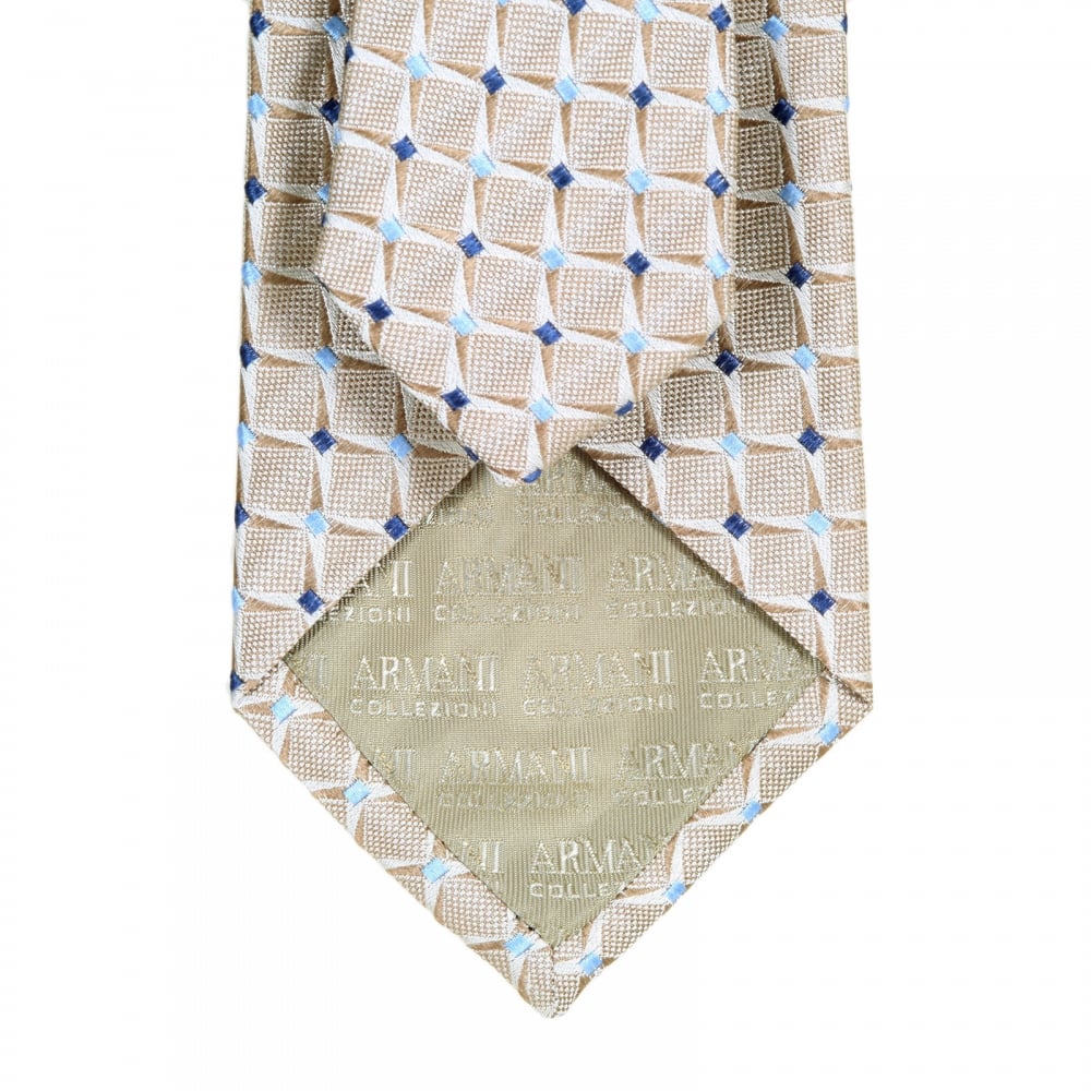Woven Silk Tie with Flax Beige Squares and Navy and Sky Blue Diamonds