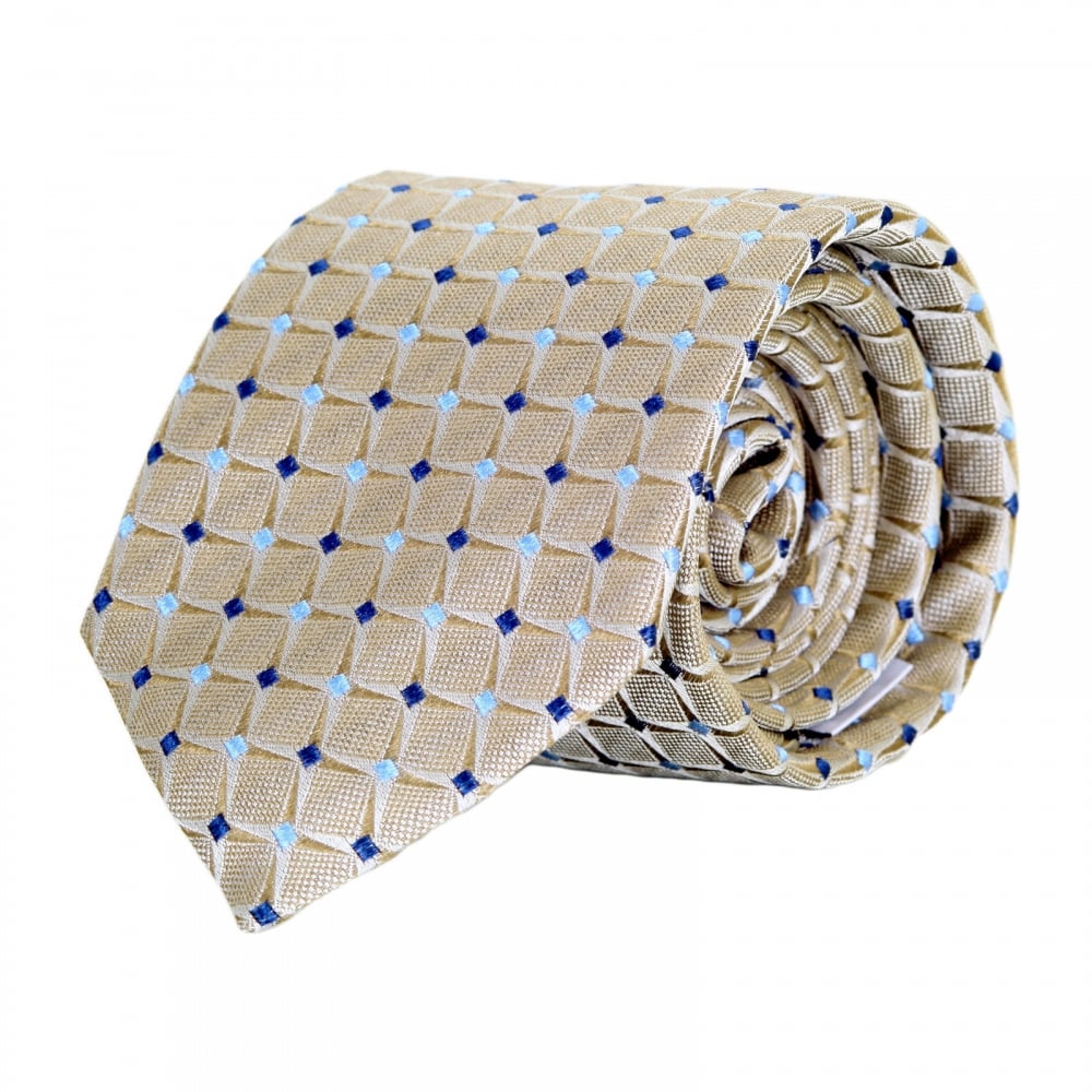 Woven Silk Tie with Flax Beige Squares and Navy and Sky Blue Diamonds