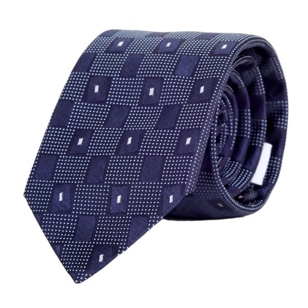 Blue with White Check Patterned Silk Tie with Logo Jacquard Lining