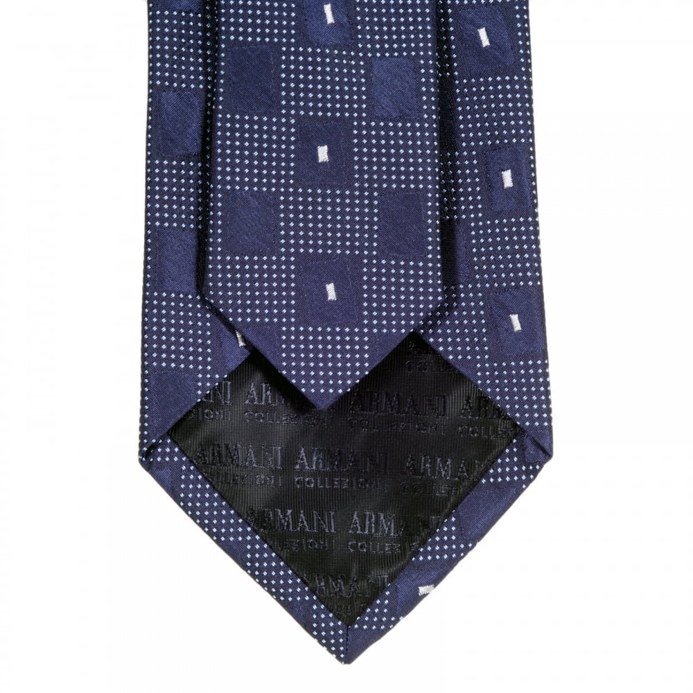 Blue with White Check Patterned Silk Tie with Logo Jacquard Lining