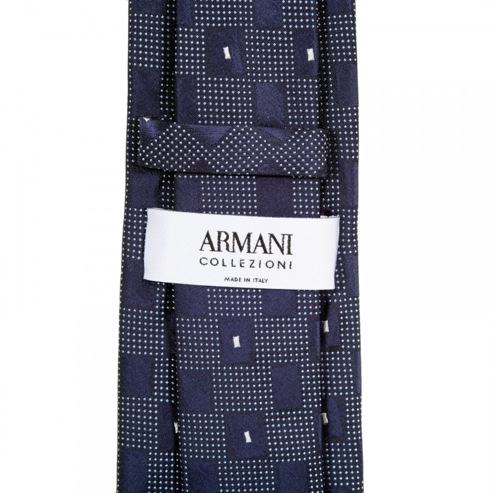 Blue with White Check Patterned Silk Tie with Logo Jacquard Lining