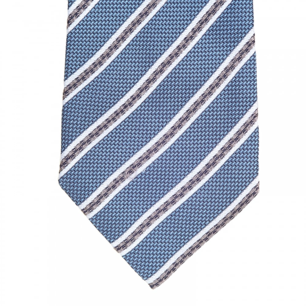 Diagonal Striped Blue 100% Silk Tie with Jacquard Logo Lining