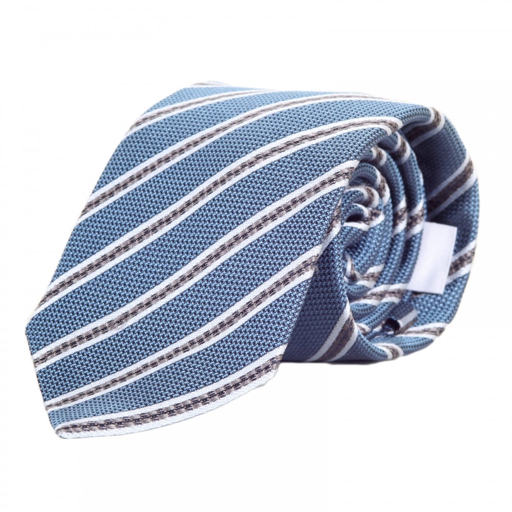 Diagonal Striped Blue 100% Silk Tie with Jacquard Logo Lining