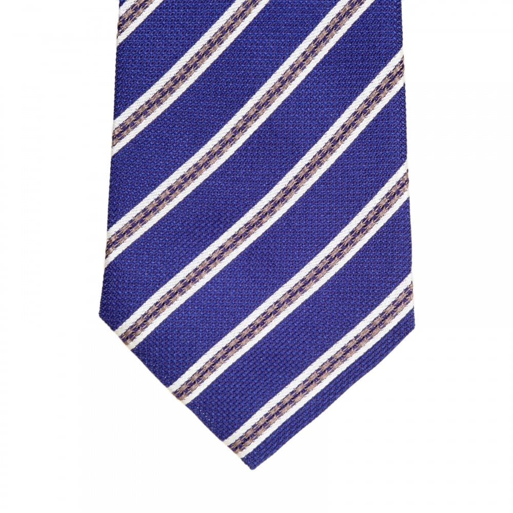 Ultra Blue Woven Silk Tie for Men with Off White and Brown Diagonal Stripes and Logo Lining