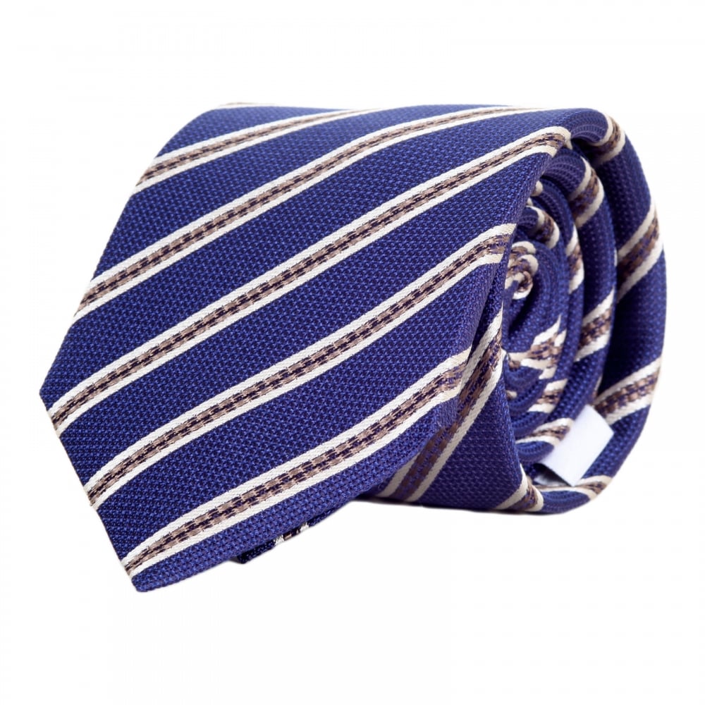 Ultra Blue Woven Silk Tie for Men with Off White and Brown Diagonal Stripes and Logo Lining