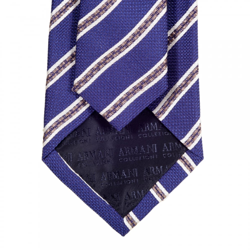 Ultra Blue Woven Silk Tie for Men with Off White and Brown Diagonal Stripes and Logo Lining