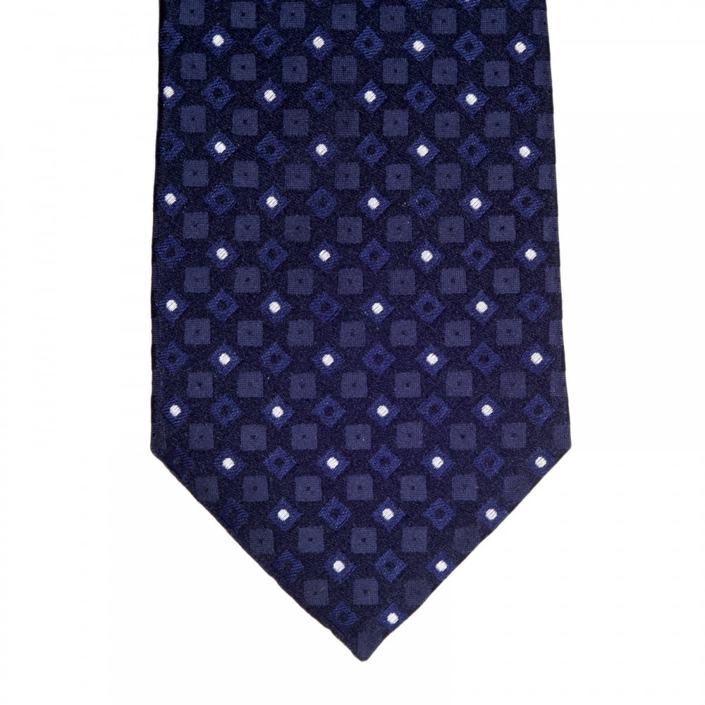 Blue Black Woven Silk Tie with Jacquard Geometric Pattern and Logo Lining