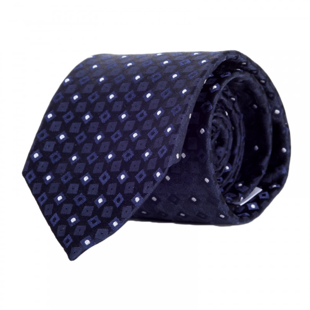 Blue Black Woven Silk Tie with Jacquard Geometric Pattern and Logo Lining