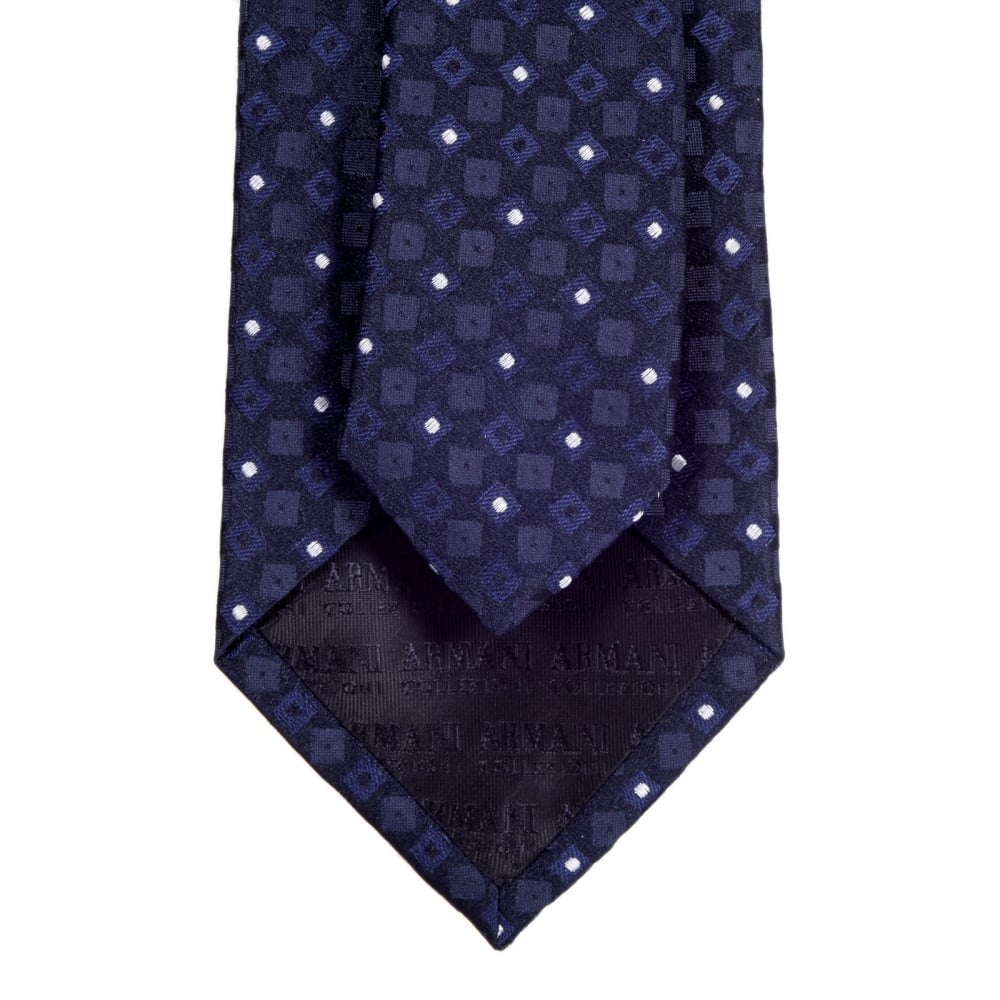Blue Black Woven Silk Tie with Jacquard Geometric Pattern and Logo Lining