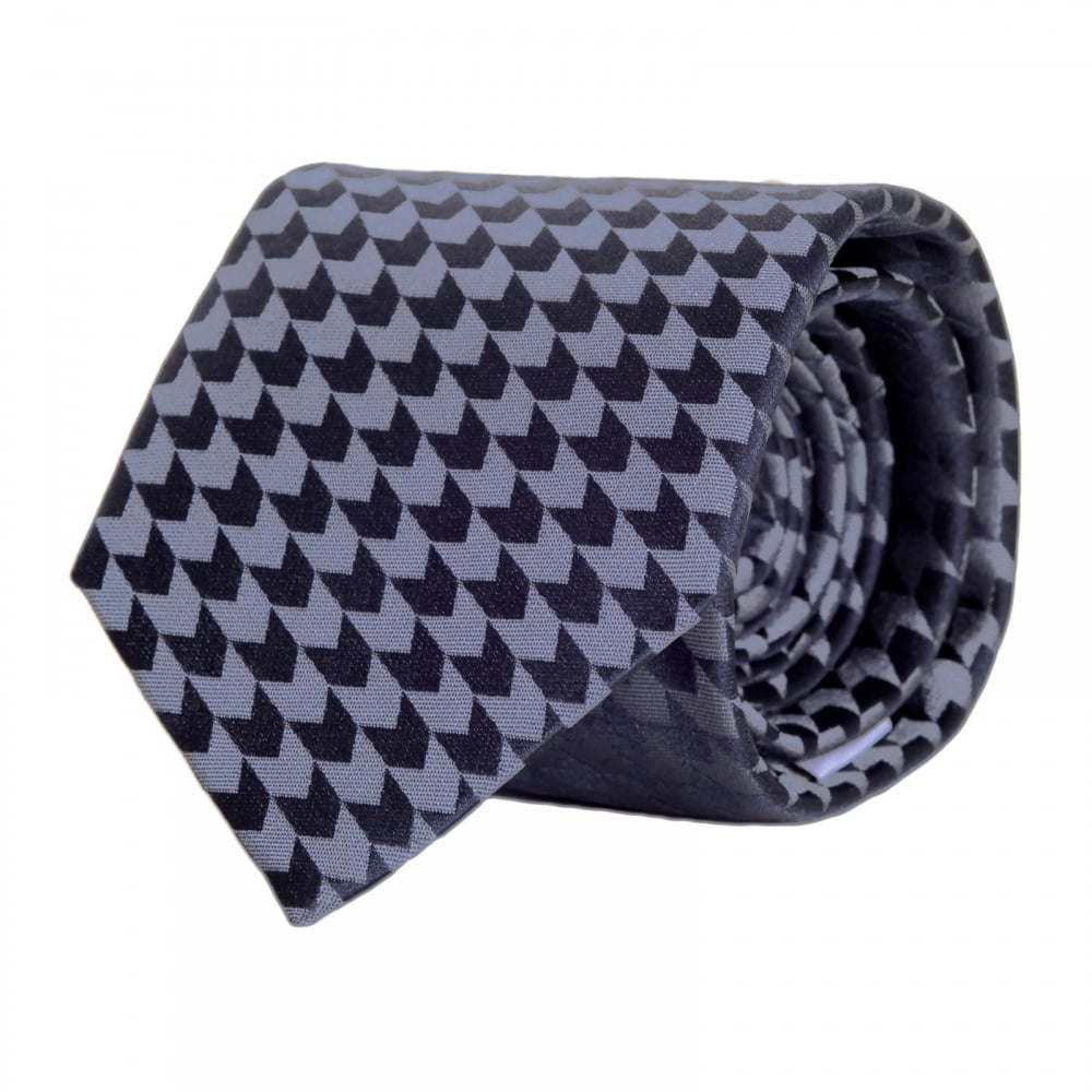 Blue Grey Woven Silk Tie with Jacquard Arrow Pattern and Logo Lining