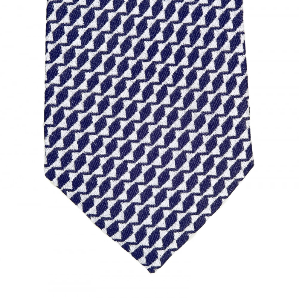 Mens Navy Blue Patterned Silk Tie with Jacquard Logo Lining