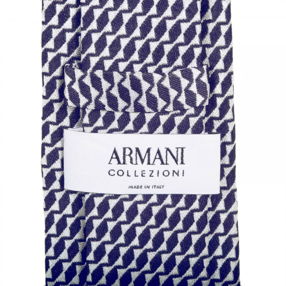 Mens Navy Blue Patterned Silk Tie with Jacquard Logo Lining
