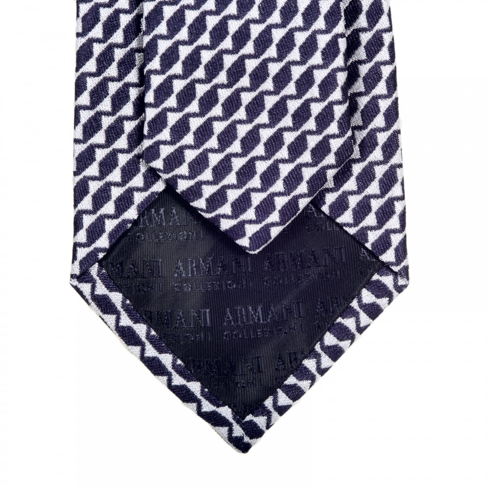 Mens Navy Blue Patterned Silk Tie with Jacquard Logo Lining