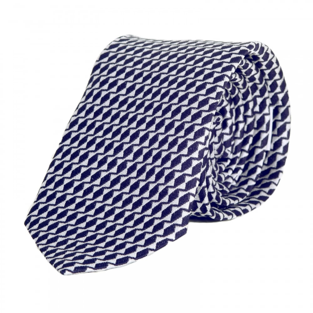 Mens Navy Blue Patterned Silk Tie with Jacquard Logo Lining