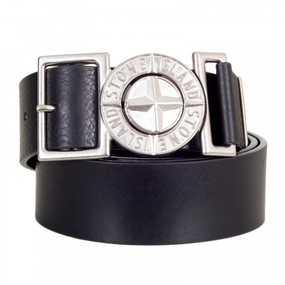 Black Leather Belt with Metal Side Release Adjustable Compass Logo Buckle