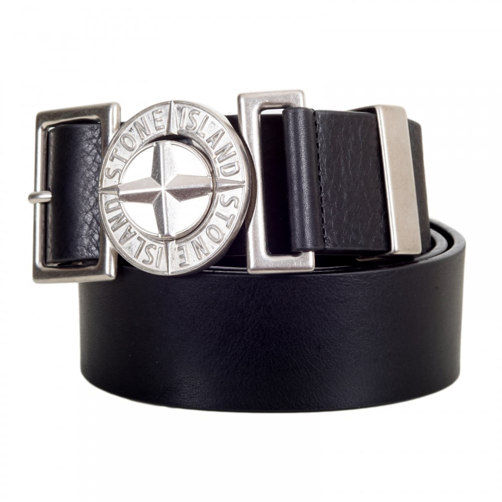 Black Leather Belt with Metal Side Release Adjustable Compass Logo Buckle