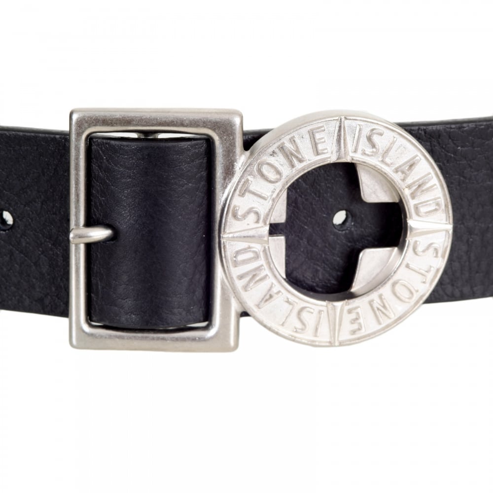 Black Leather Belt with Metal Side Release Adjustable Compass Logo Buckle
