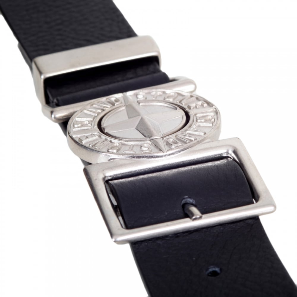 Black Leather Belt with Metal Side Release Adjustable Compass Logo Buckle