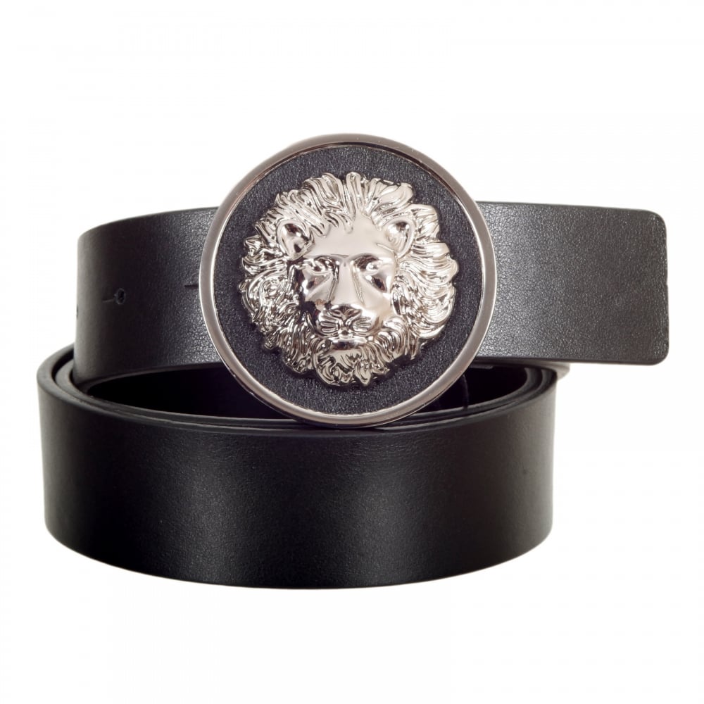 Black Leather Belt for Men FCU0060 FVTO with Silver Nickle Lion Head Buckle