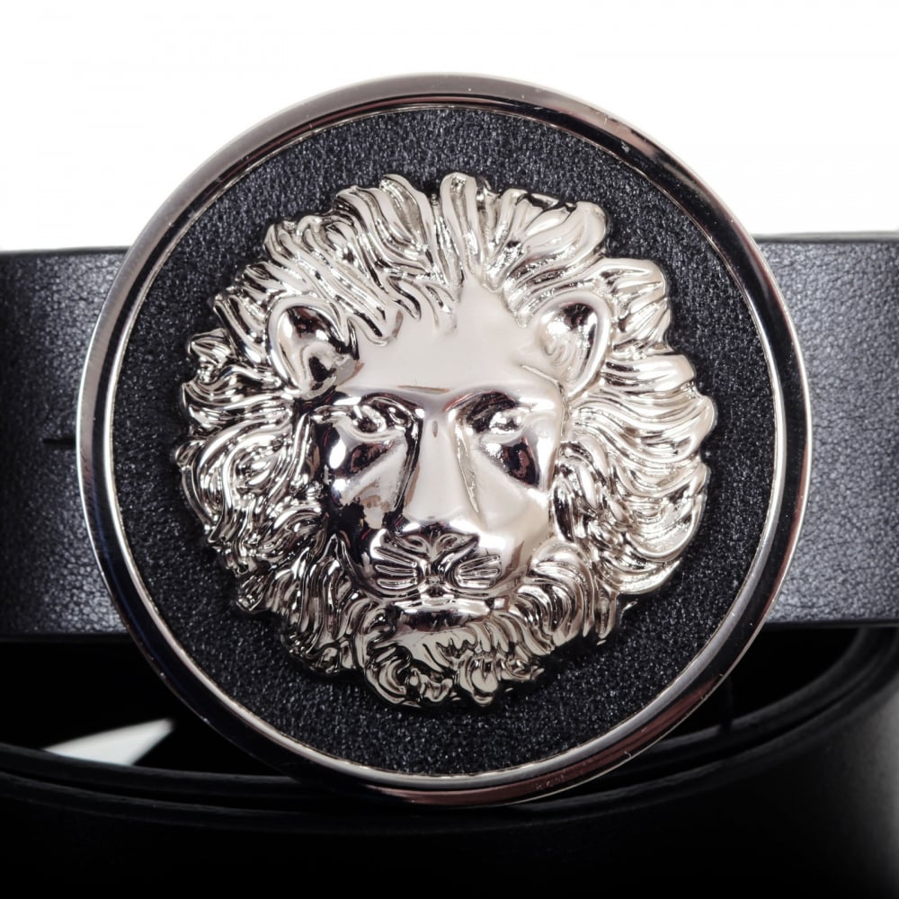 Black Leather Belt for Men FCU0060 FVTO with Silver Nickle Lion Head Buckle