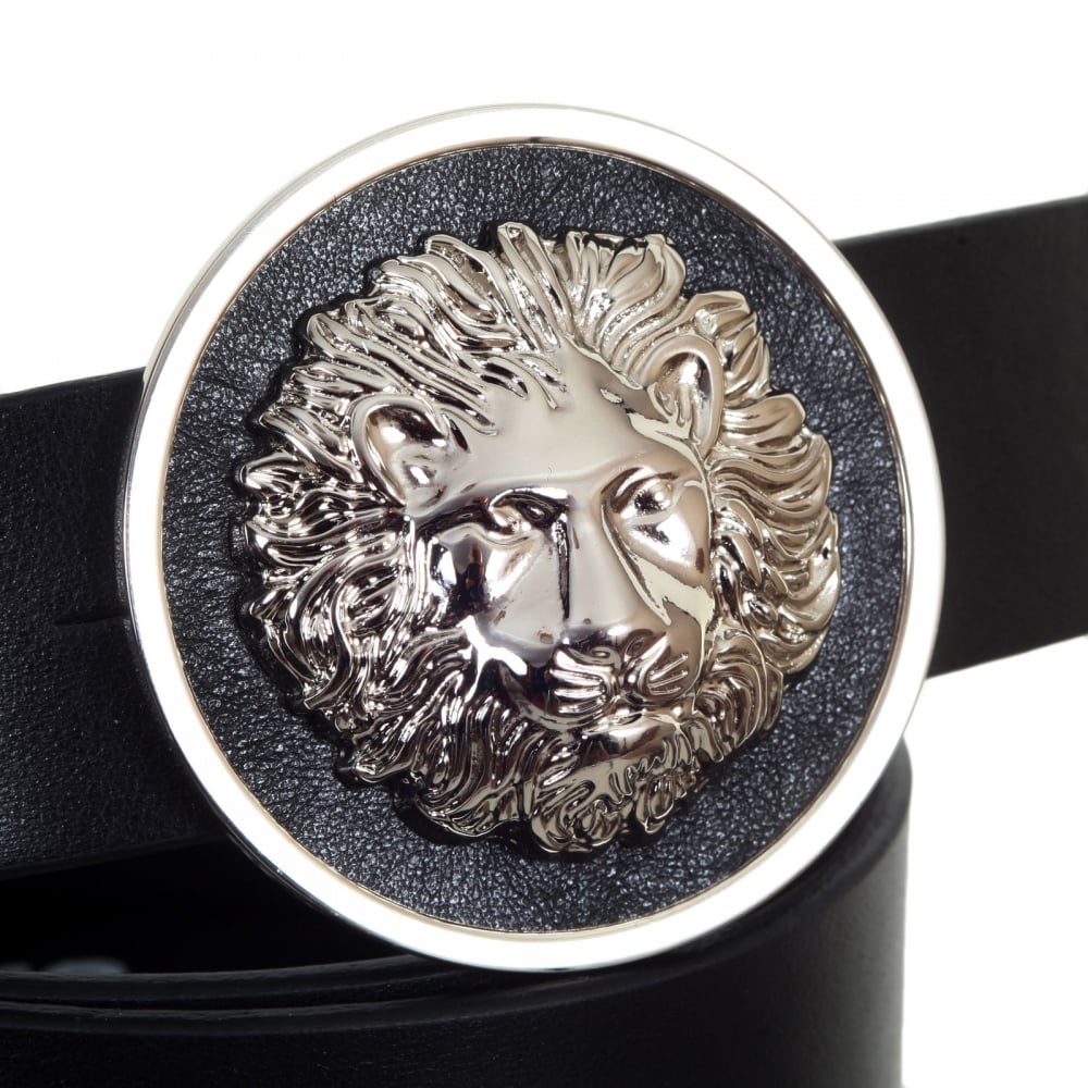 Black Leather Belt for Men FCU0060 FVTO with Silver Nickle Lion Head Buckle