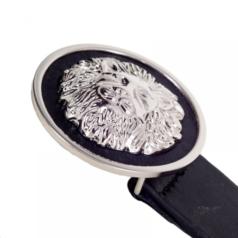 Black Leather Belt for Men FCU0060 FVTO with Silver Nickle Lion Head Buckle