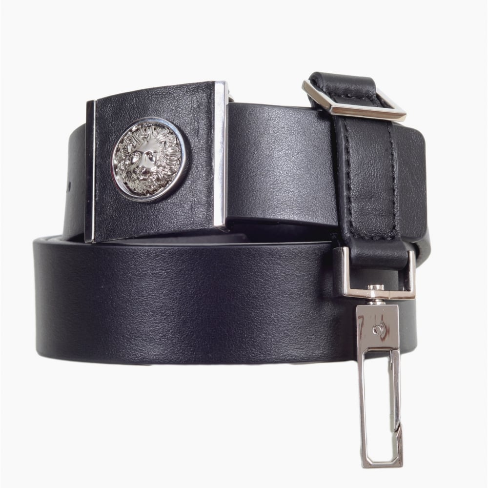 Black Leather Belt with a Silver Nickel Lion Head on A Square Buckle