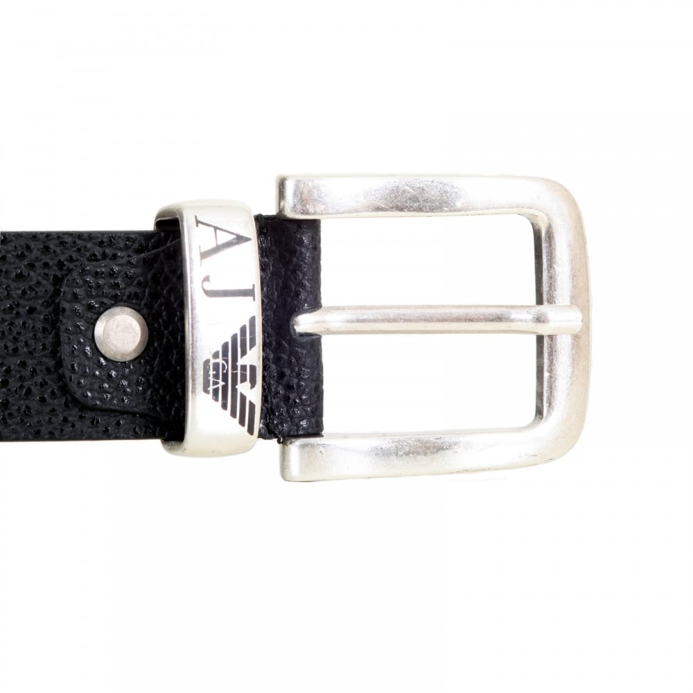 Mens Black 06196 R6 Leather Belt with Brand AJ and Signature Eagle logo on Metal Belt Loop