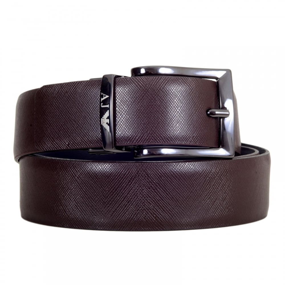 Reversible Italian Grain Leather Belt in Navy and Brown with High-shine Finished Gunmetal Buckle