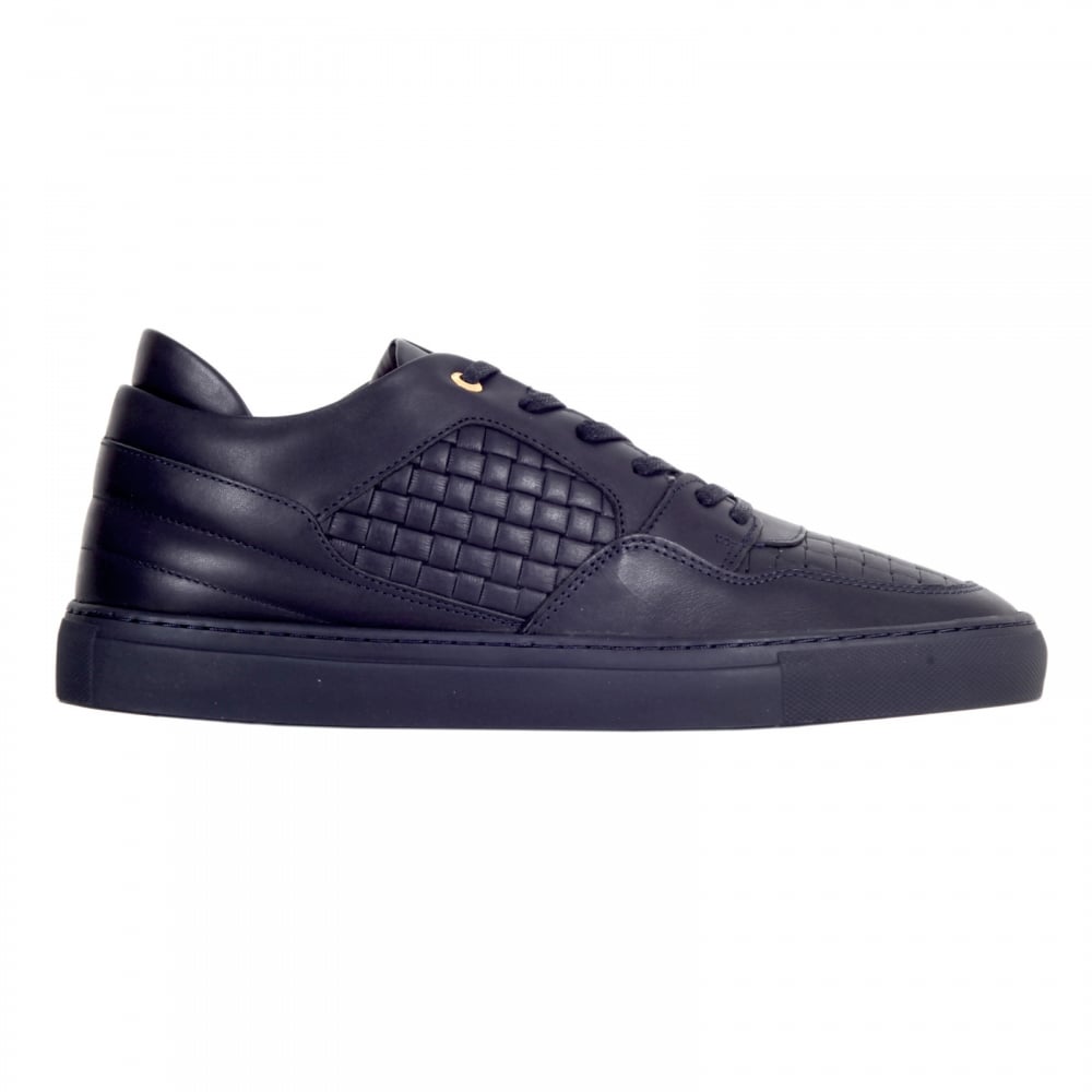 Mens Full Grain Calf Leather Woven Sneakers in Navy with Gold Lace Eyelets