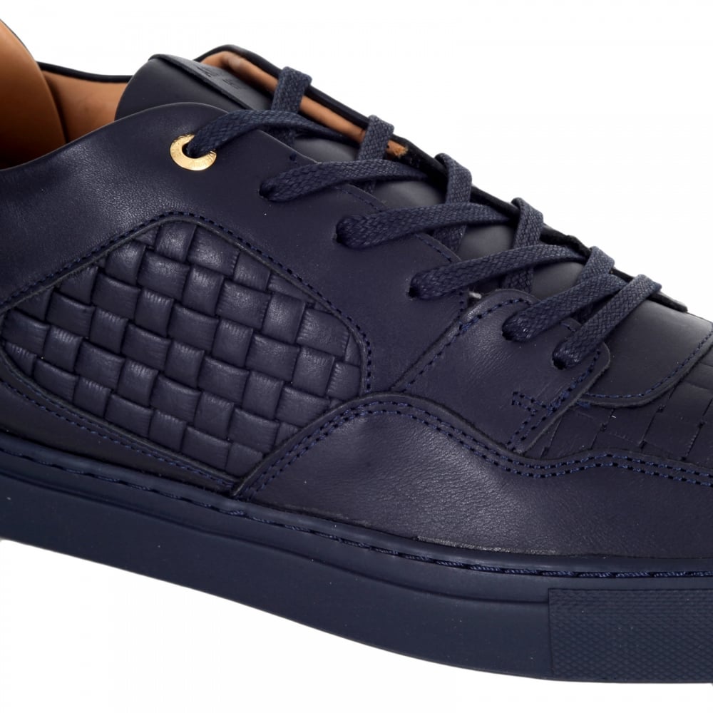 Mens Full Grain Calf Leather Woven Sneakers in Navy with Gold Lace Eyelets