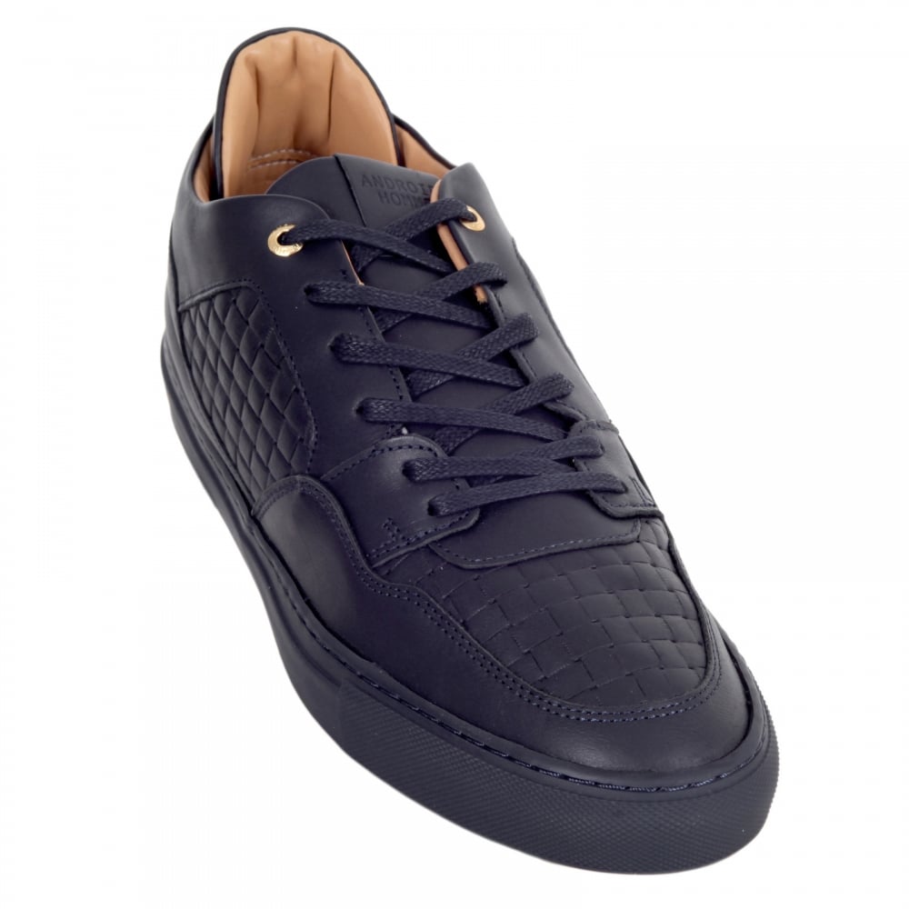 Mens Full Grain Calf Leather Woven Sneakers in Navy with Gold Lace Eyelets