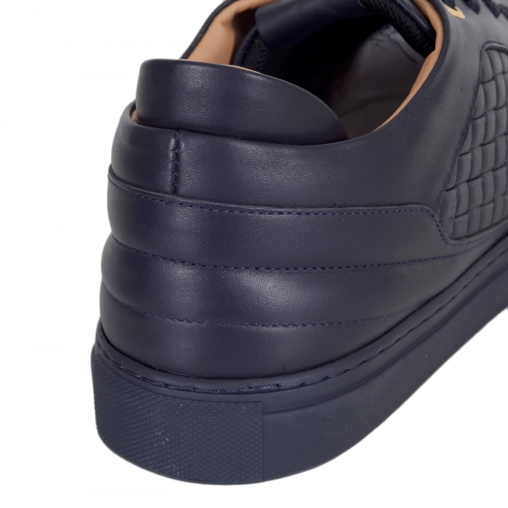 Mens Full Grain Calf Leather Woven Sneakers in Navy with Gold Lace Eyelets