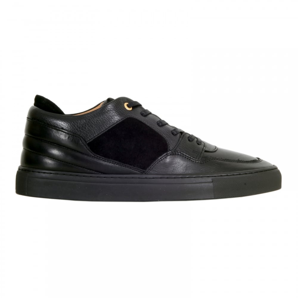 Black Woven Calf Skin Leather Sneakers with Gold Lace Eyelets