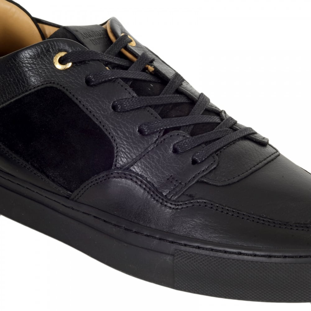 Black Woven Calf Skin Leather Sneakers with Gold Lace Eyelets
