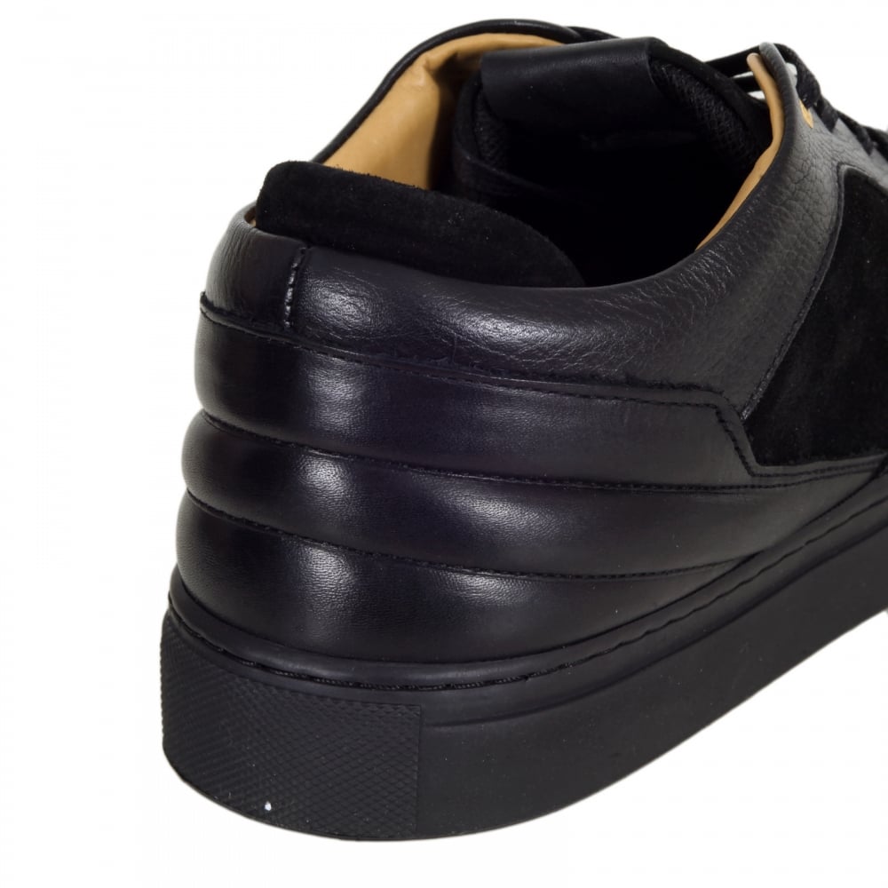 Black Woven Calf Skin Leather Sneakers with Gold Lace Eyelets