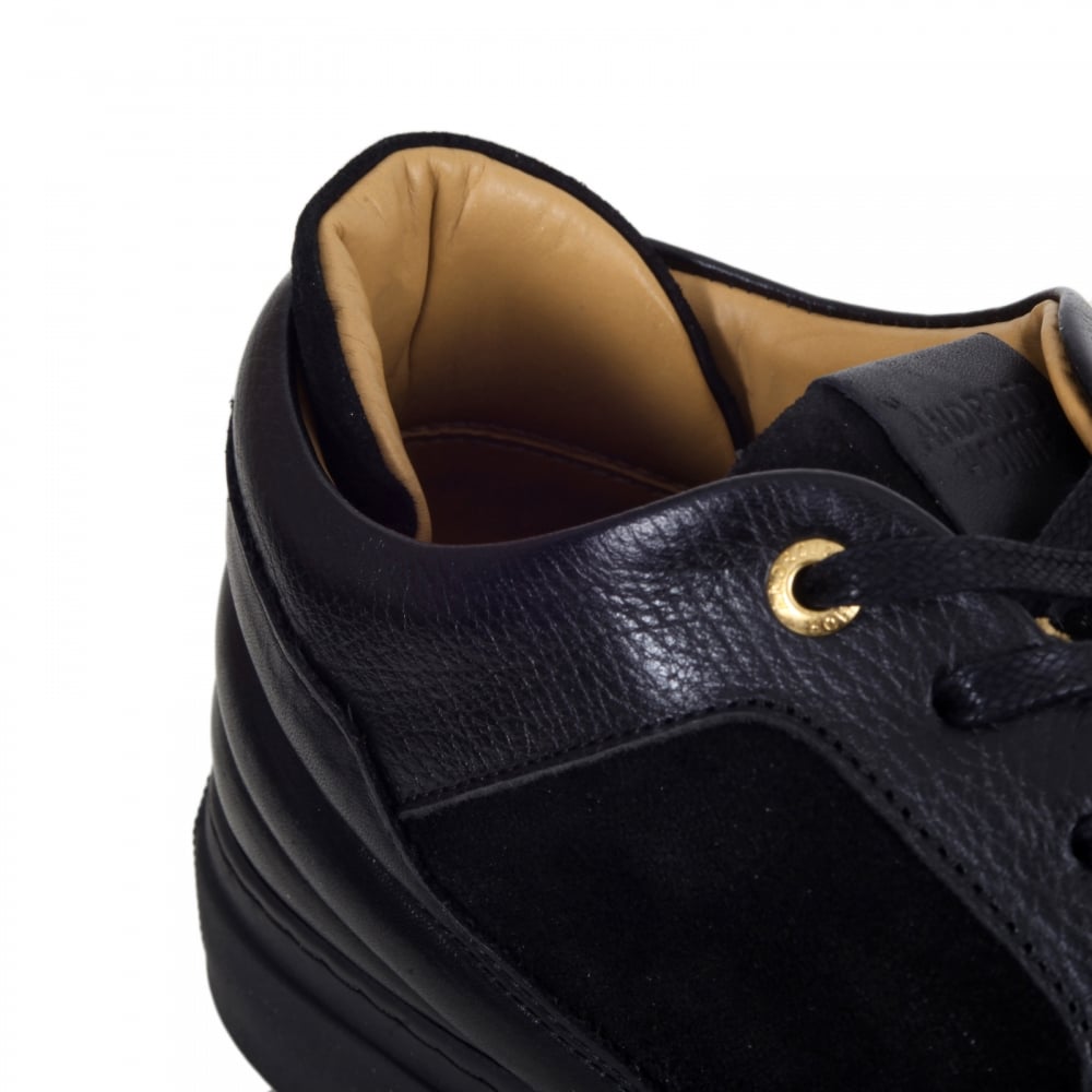 Black Woven Calf Skin Leather Sneakers with Gold Lace Eyelets
