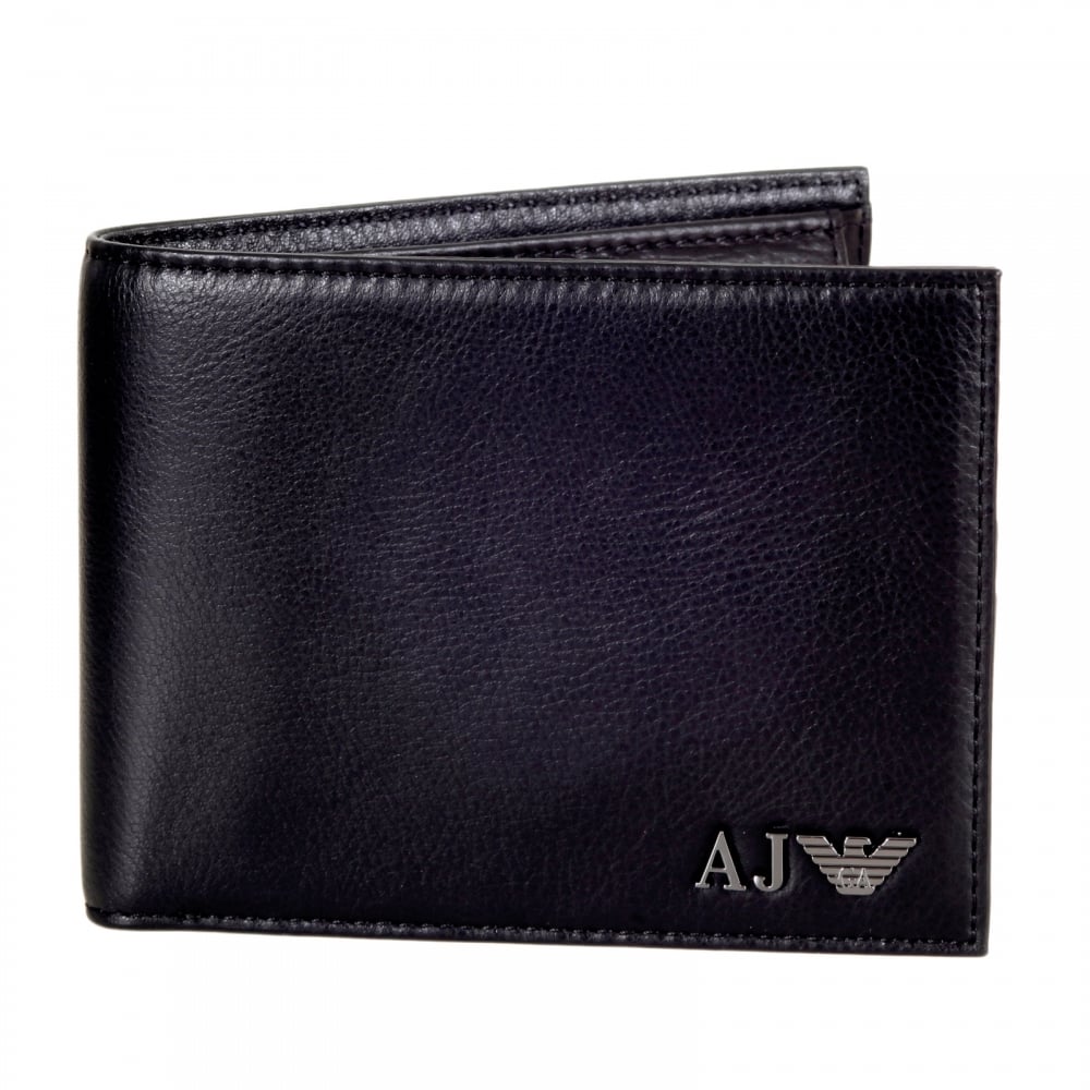 Mens Black Grain Leather 06V57 Q7 Double Billfold Wallet with Metal Logo
