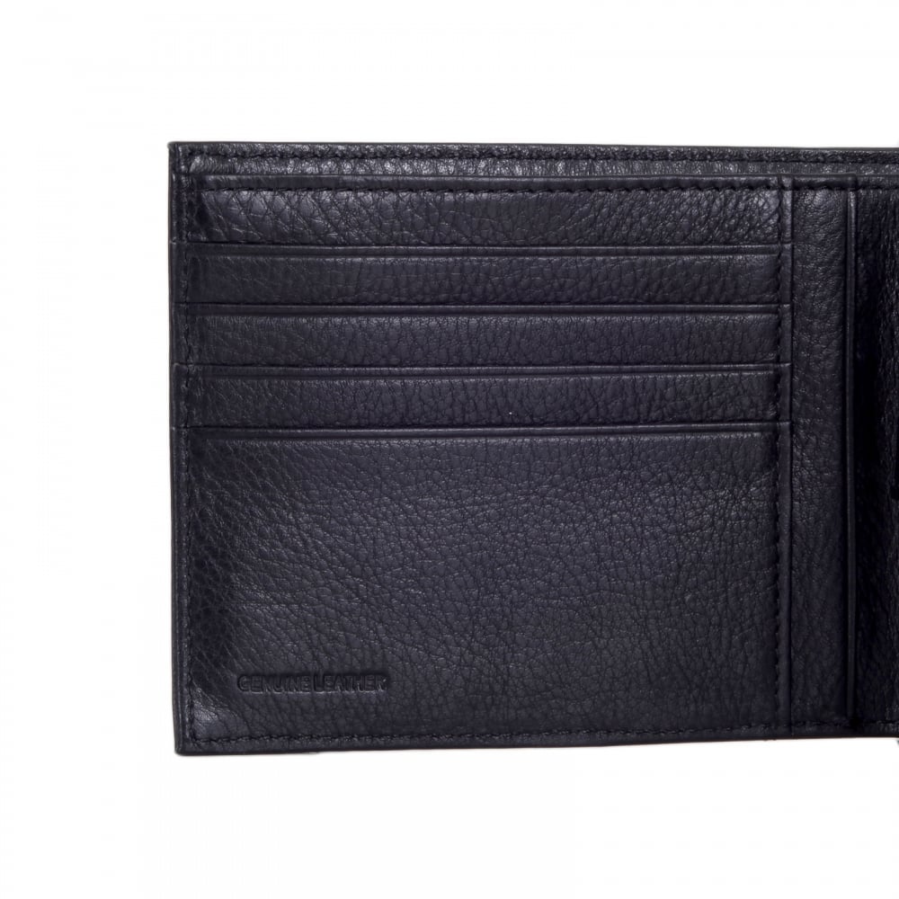 Mens Black Grain Leather 06V57 Q7 Double Billfold Wallet with Metal Logo