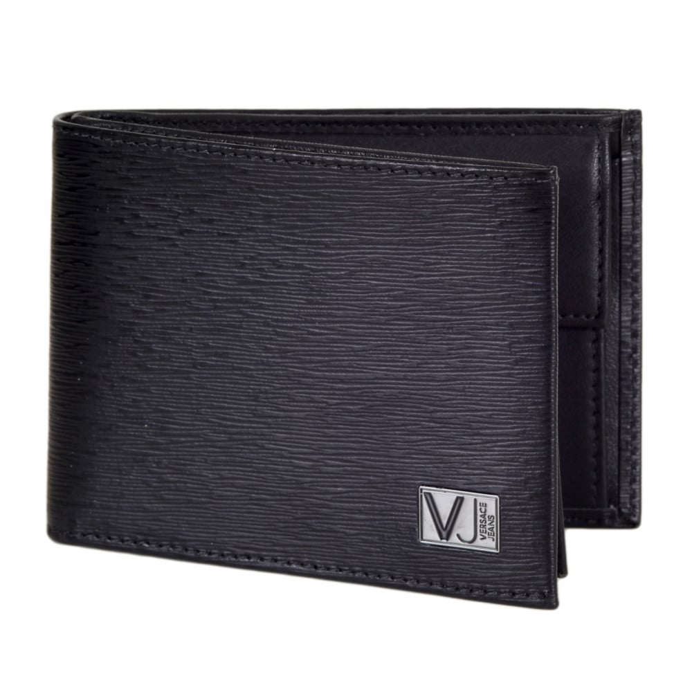 Mens Black Grain Leather Double Billfold Wallet  E3YMBPD3 with Coin Pouch and Eight Credit Card Space