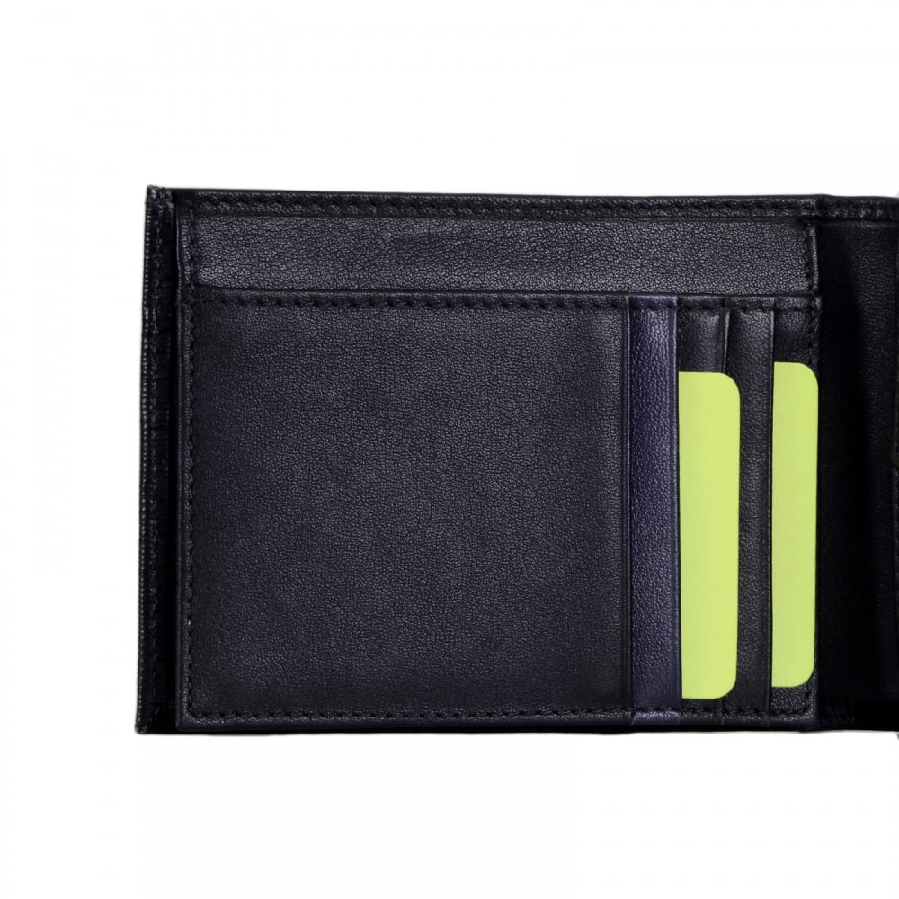 Mens Black Grain Leather Double Billfold Wallet  E3YMBPD3 with Coin Pouch and Eight Credit Card Space
