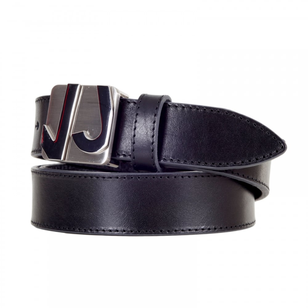Logo Embossed Silver Pin Buckled Casual Black Leather Belt for Men with Smooth Finish